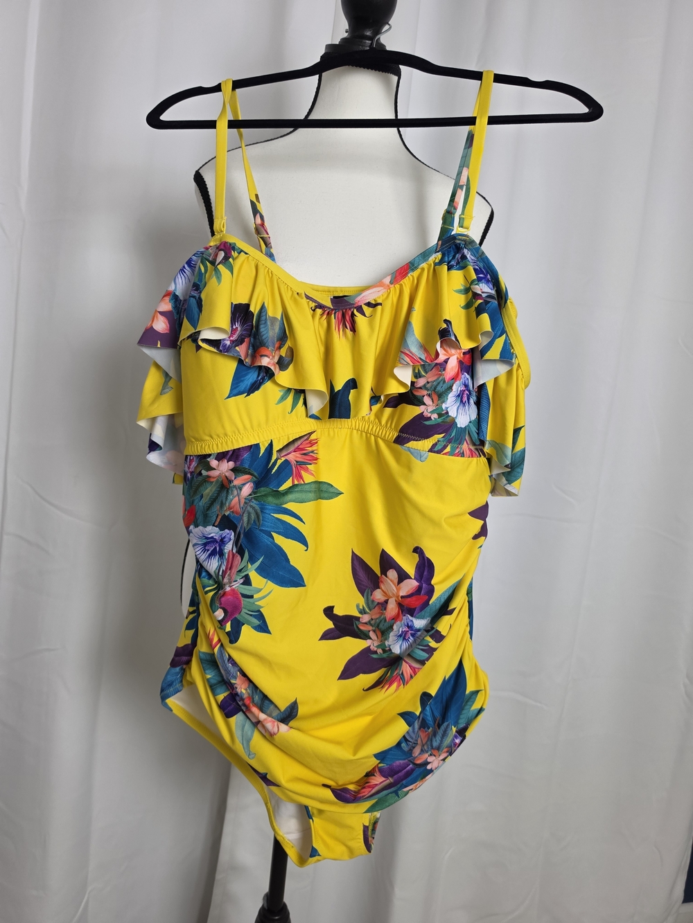 City Chic Yellow Floral Ruffle Cold-Shoulder Swim Onepiece